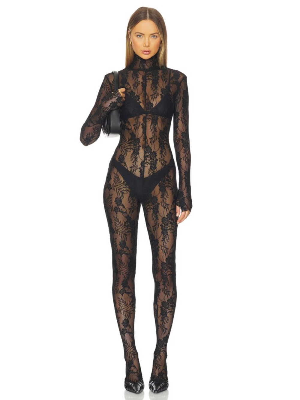 NEW Norma Kamali Long Sleeve Slim Fit Turtleneck Catsuit in Black Lace Jumpsuit